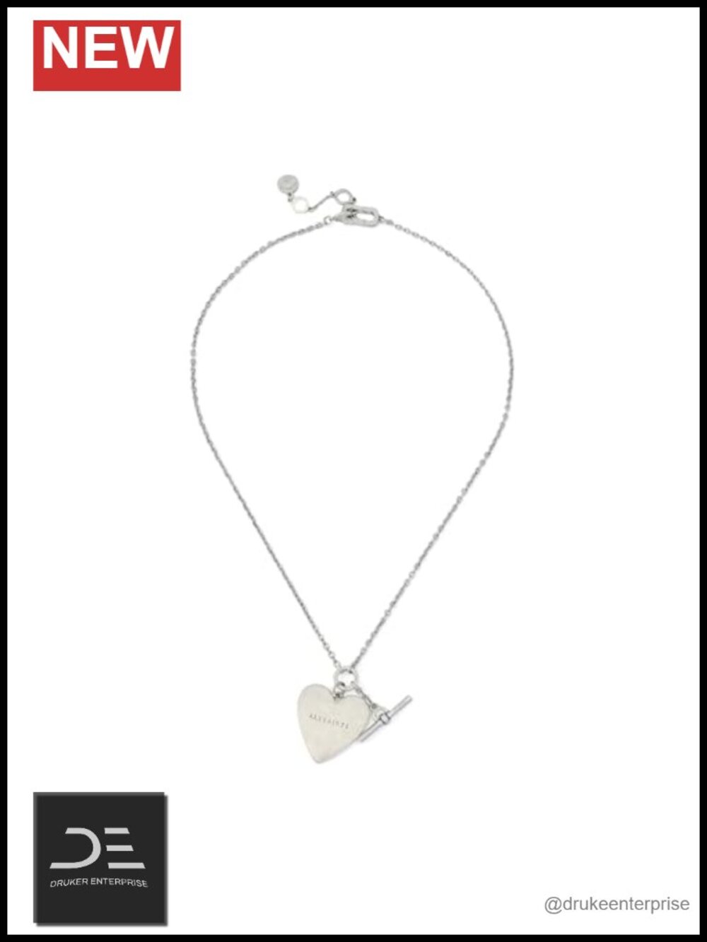 AllSaints Style Metal Heart & T Bar Charm Pendant Necklace 18"